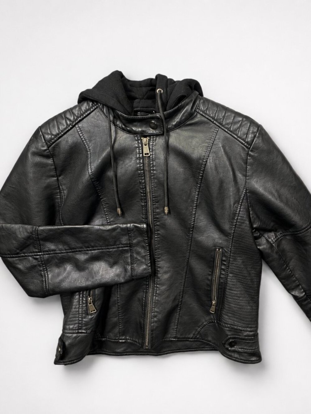 Olivia Miller Faux Leather Moto Jacket with Detachable Hoodie Size Large
